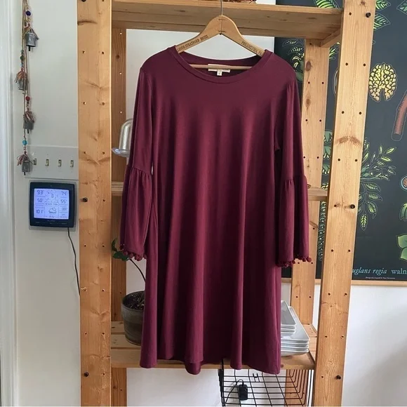 Johnny Was Calme Burgundy Red Flute Sleeve Pom Pom Swing Dress Small - Picture 2 of 14